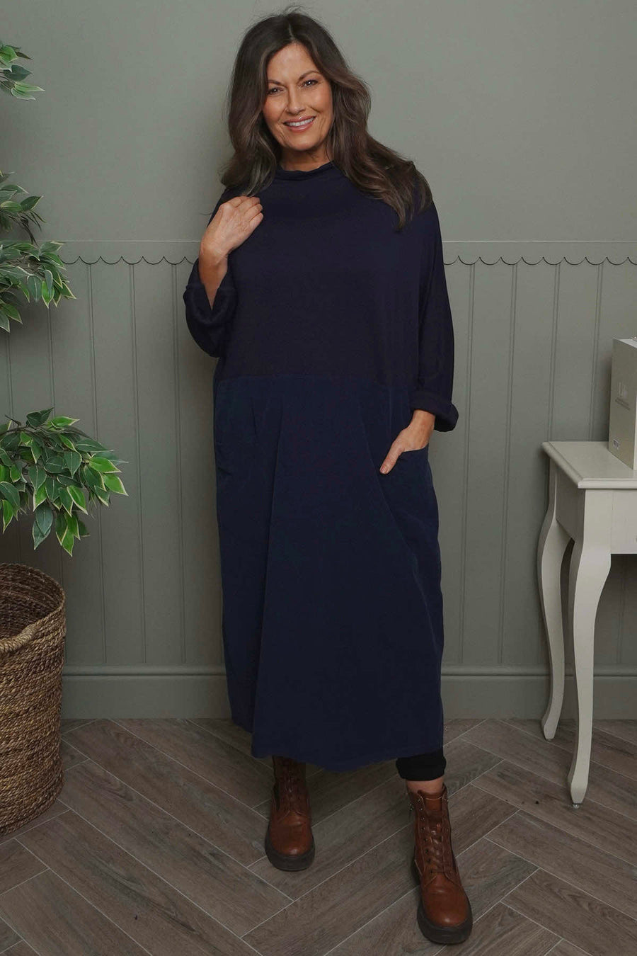 Libby Cowl Neck Cotton Dress Navy