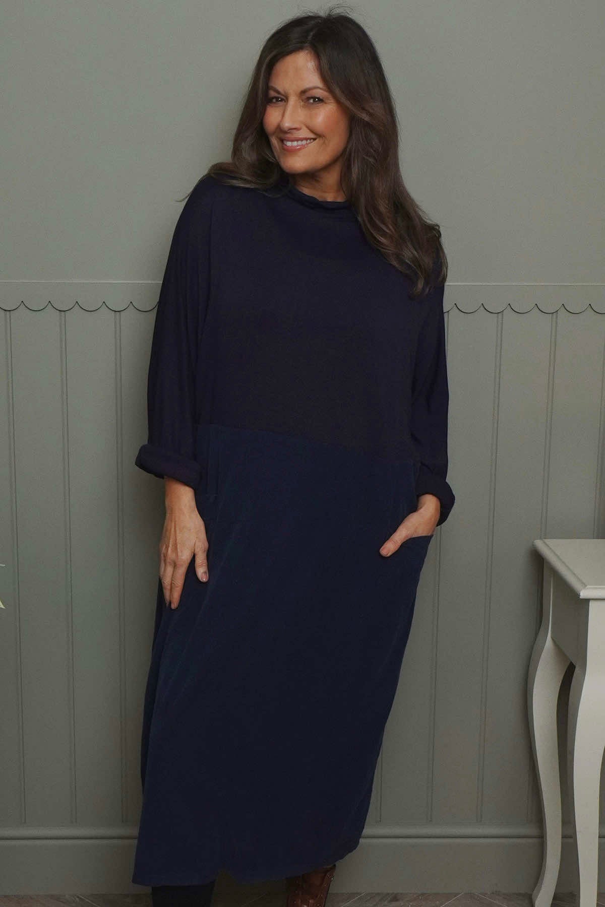 Libby Cowl Neck Cotton Dress Navy