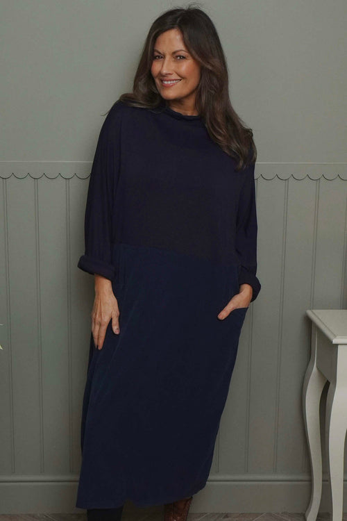 Libby Cowl Neck Cotton Dress Navy - Image 2