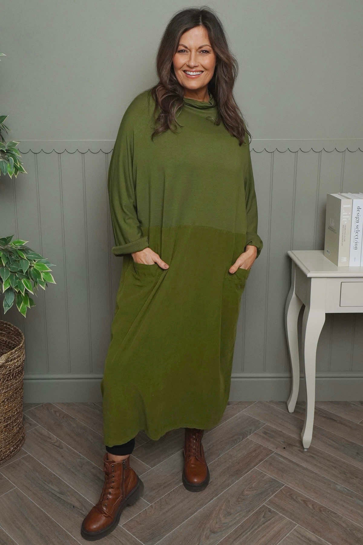 Libby Cowl Neck Cotton Dress Olive