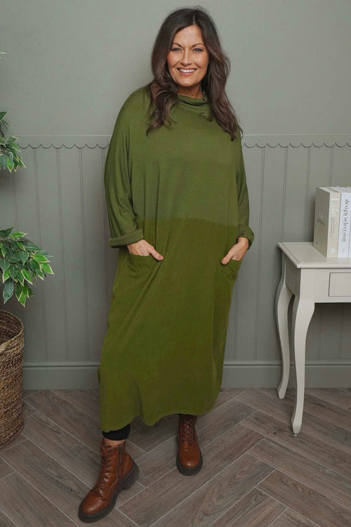 Libby Cowl Neck Cotton Dress Olive - Image 2