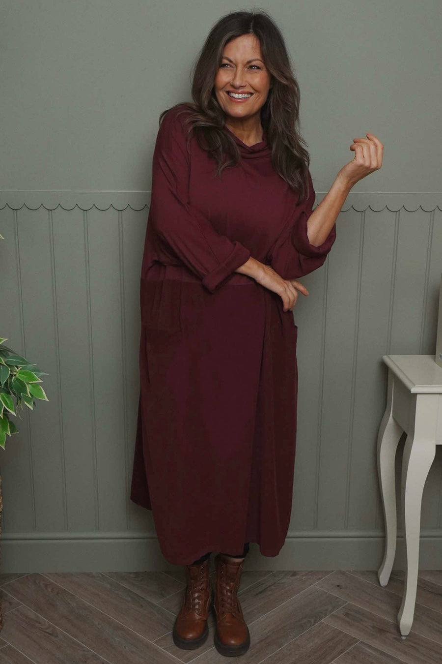 Libby Cowl Neck Cotton Dress Wine