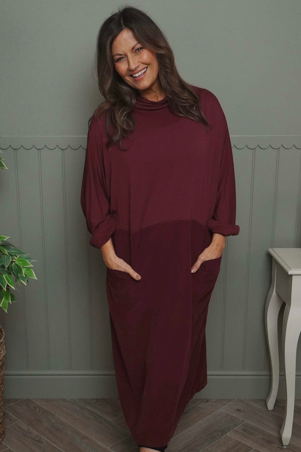 Libby Cowl Neck Cotton Dress Wine