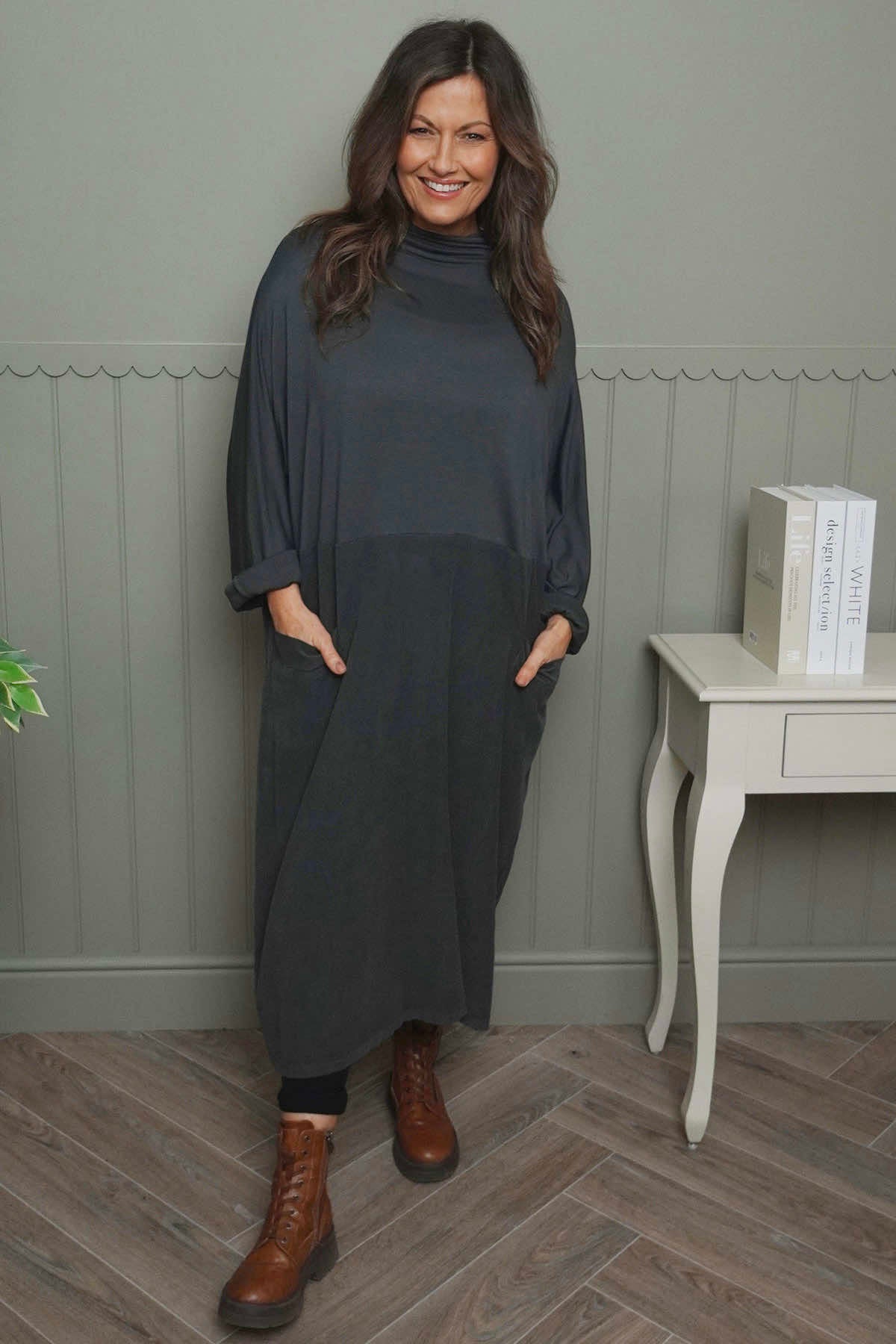 Libby Cowl Neck Cotton Dress Charcoal