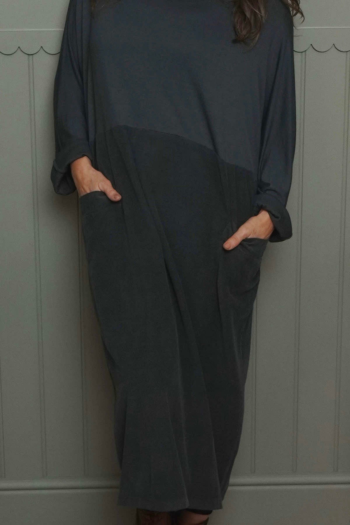 Libby Cowl Neck Cotton Dress Charcoal