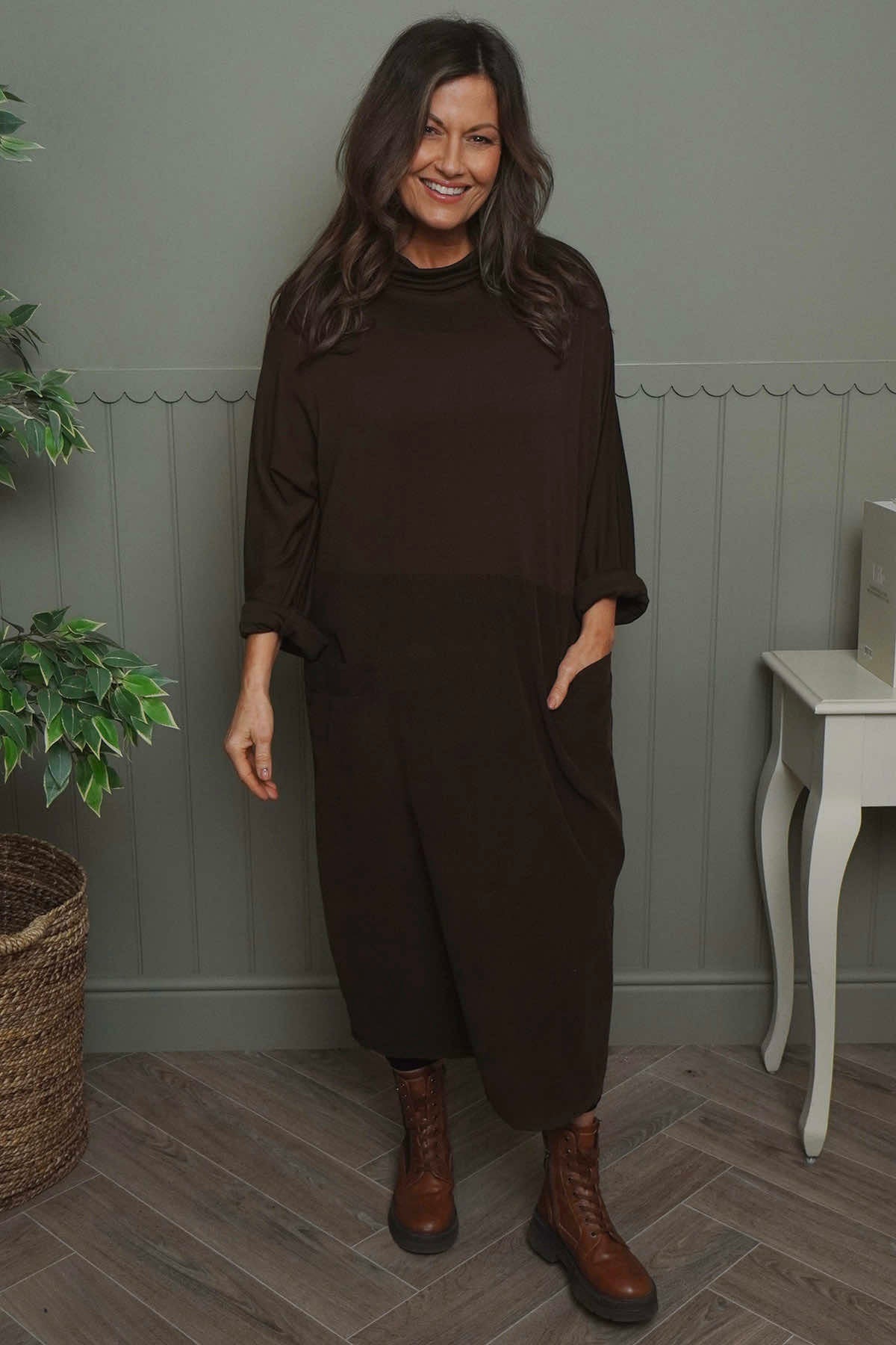 Libby Cowl Neck Cotton Dress Cocoa