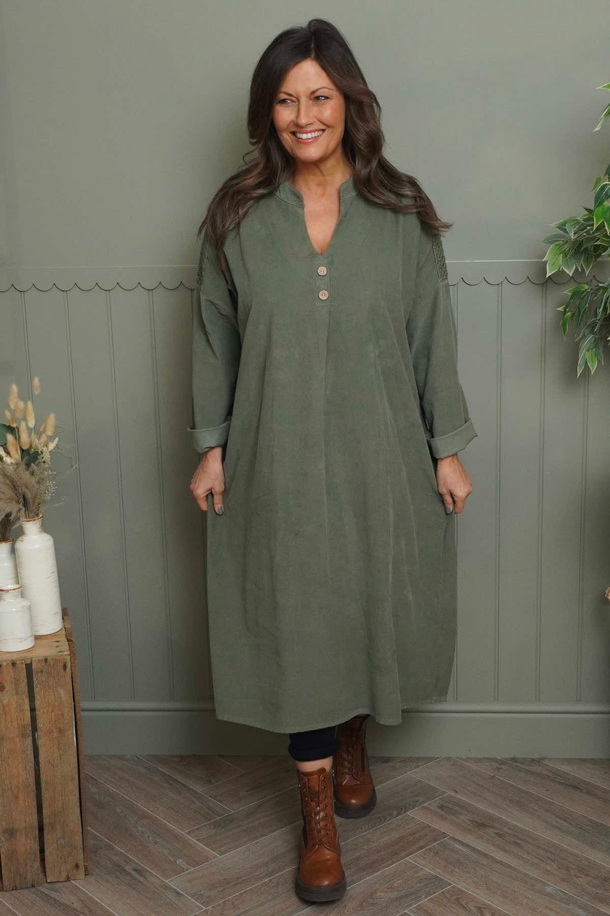 Terrie Needlecord Dress Khaki