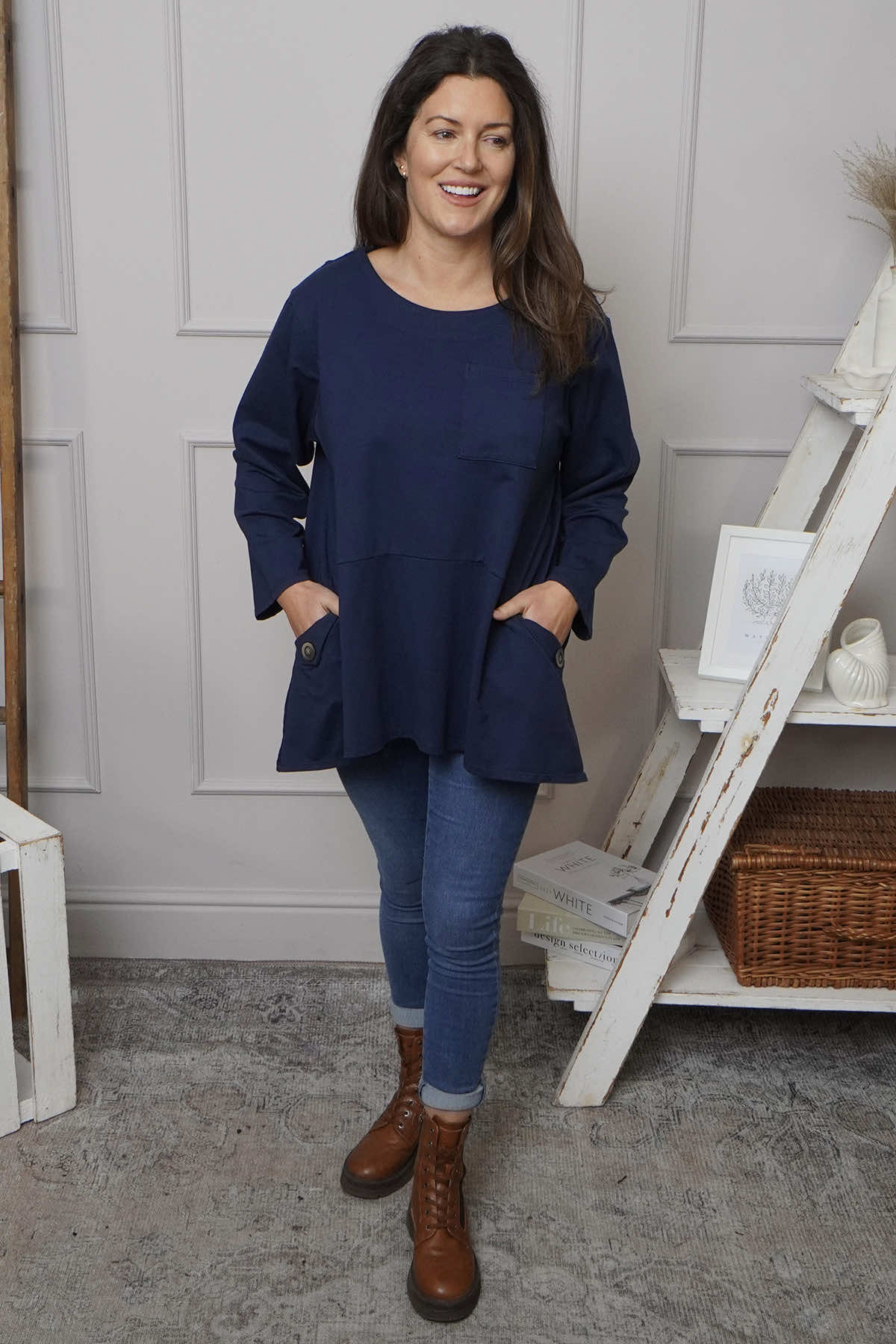 Angelina Pocket Cotton Top Navy
