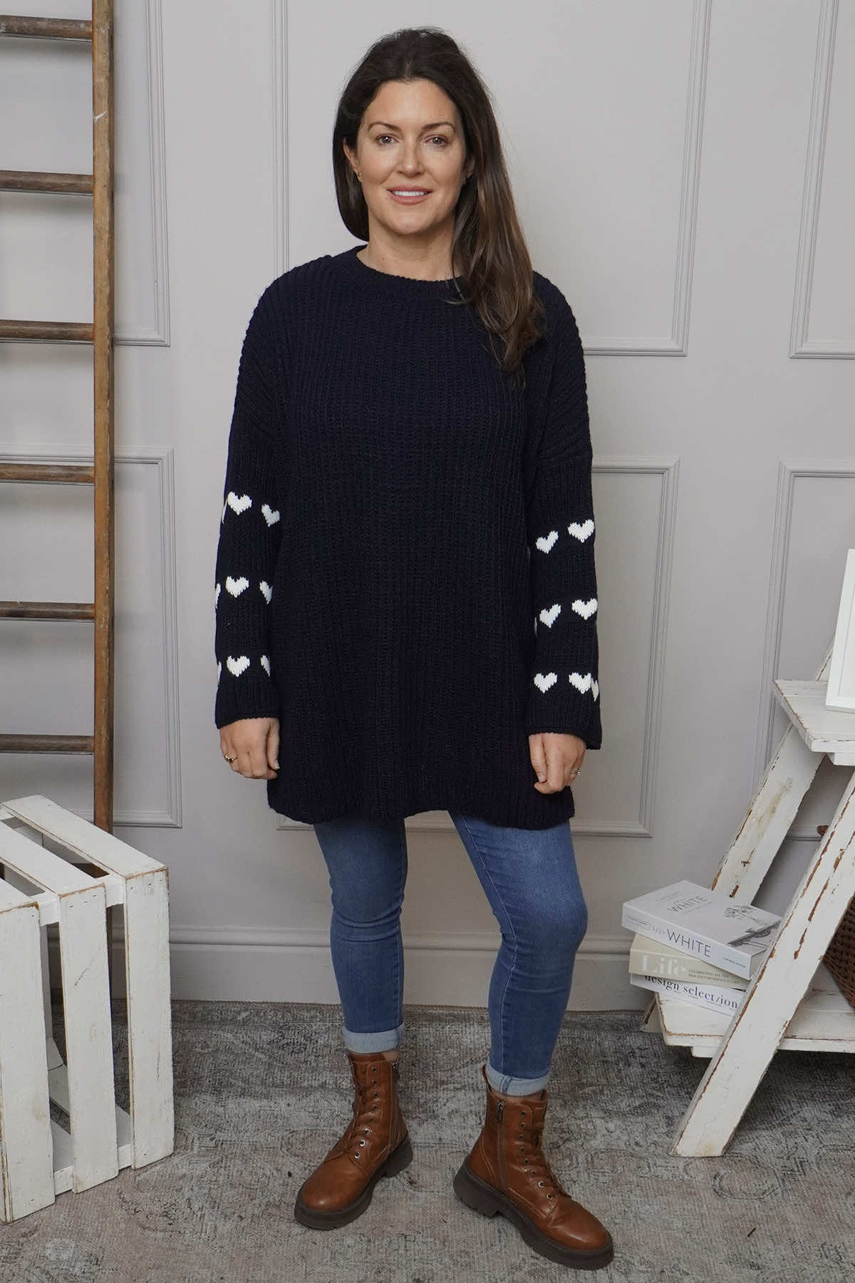 Irma Heart Sleeve Knitted Jumper Navy