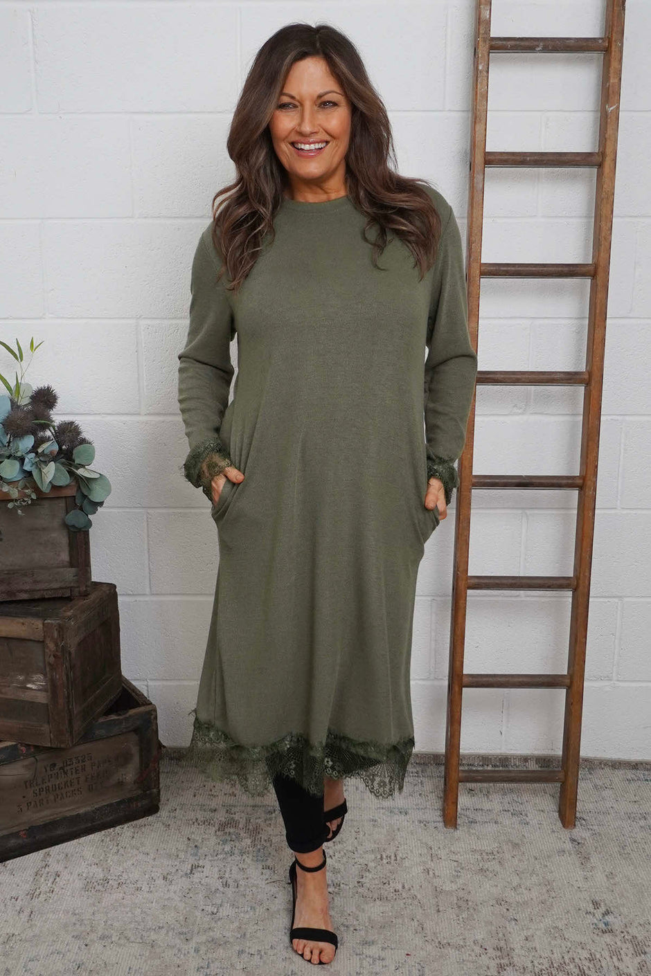 Merinda Lace Detail Dress Khaki