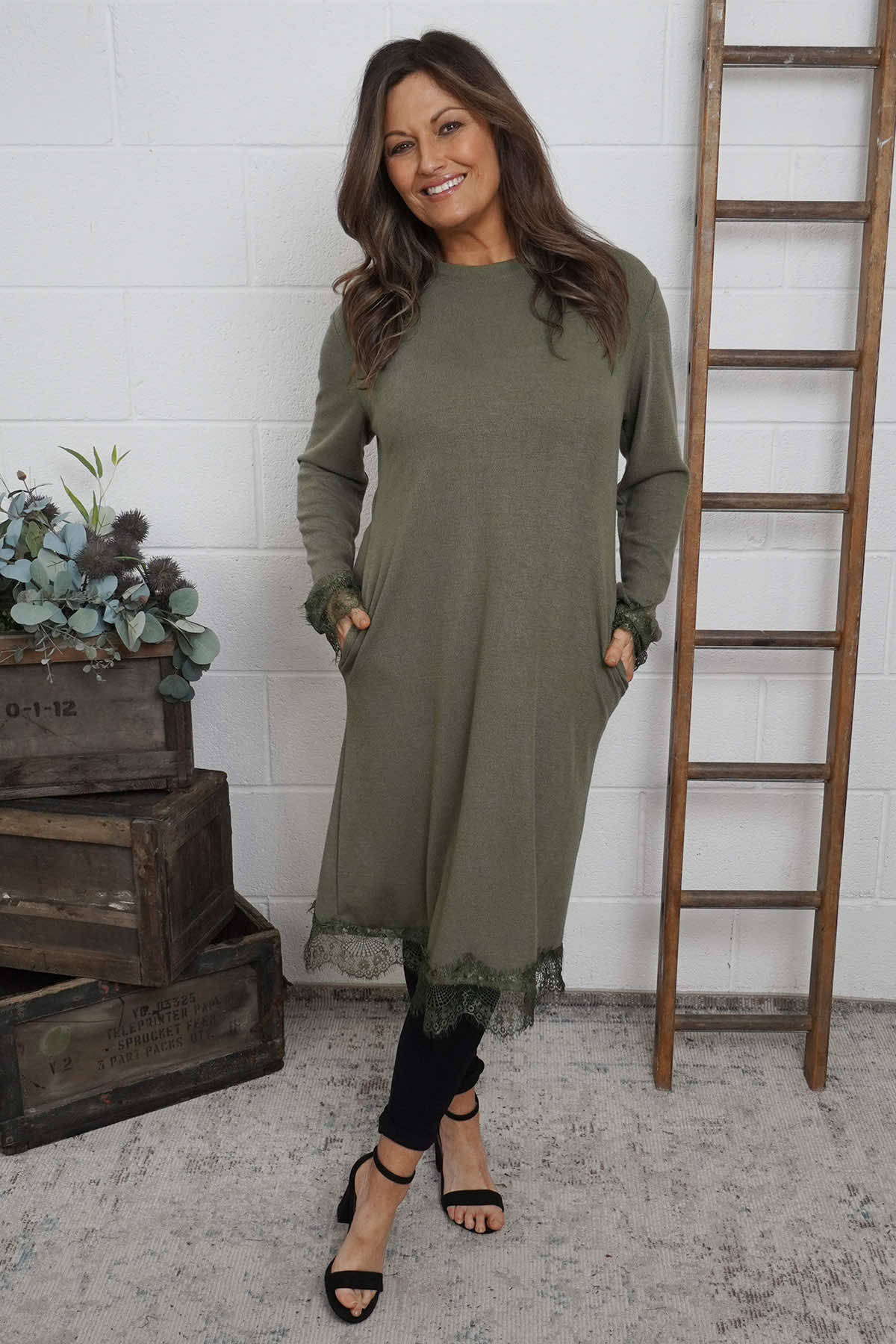 Merinda Lace Detail Dress Khaki