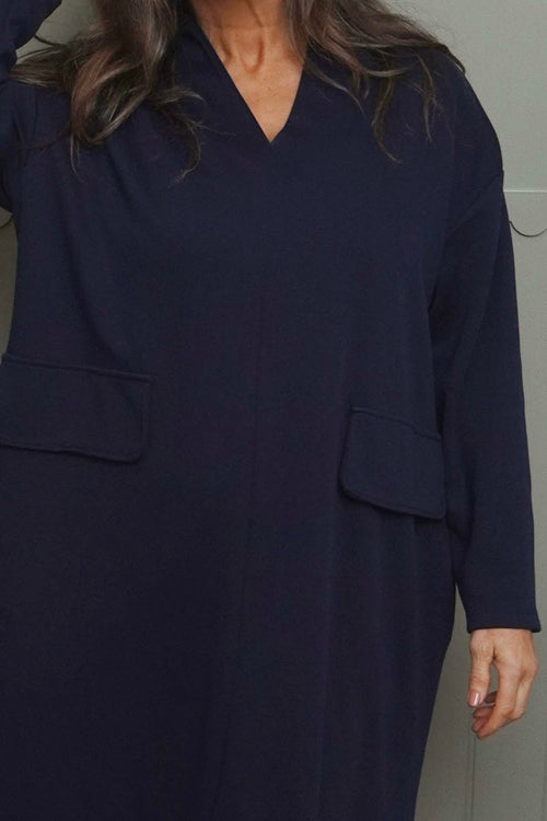 Clarissa V-Neck Cotton Dress Navy - Image 3