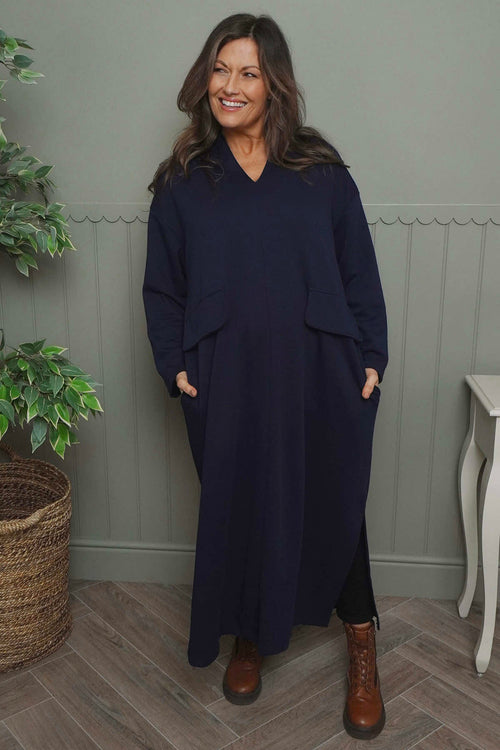 Clarissa V-Neck Cotton Dress Navy - Image 2