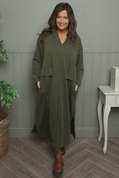 Clarissa V-Neck Cotton Dress Khaki