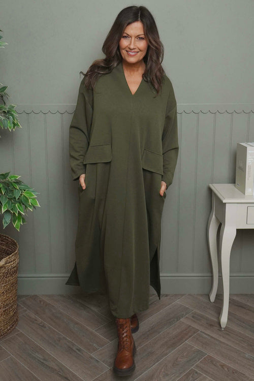 Clarissa V-Neck Cotton Dress Khaki - Image 1