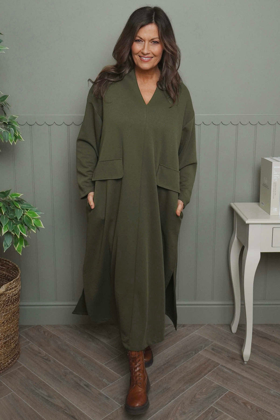 Clarissa V-Neck Cotton Dress Khaki