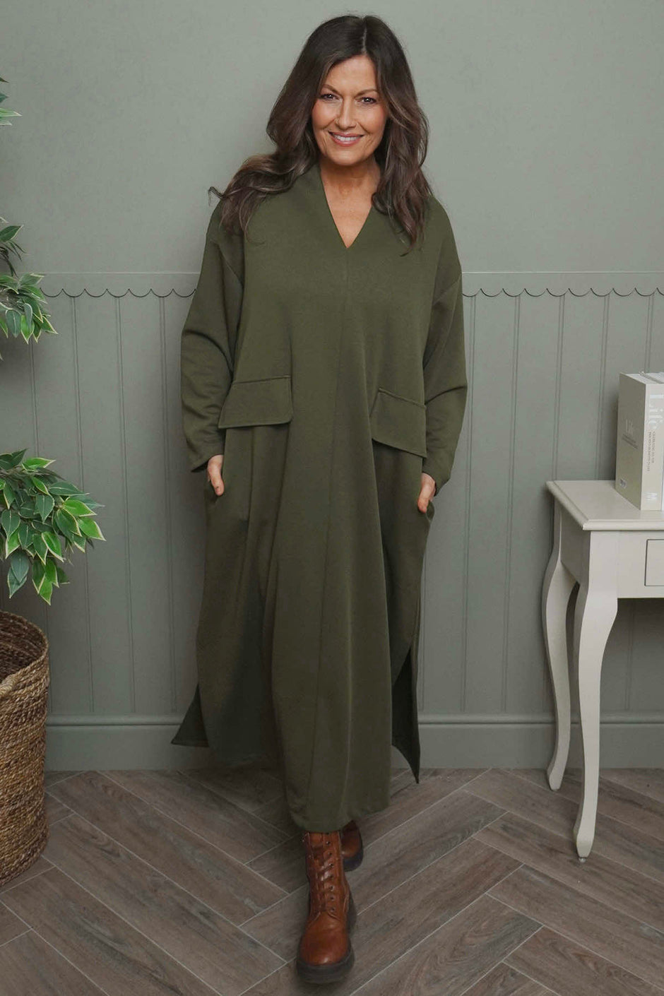 Clarissa V-Neck Cotton Dress Khaki