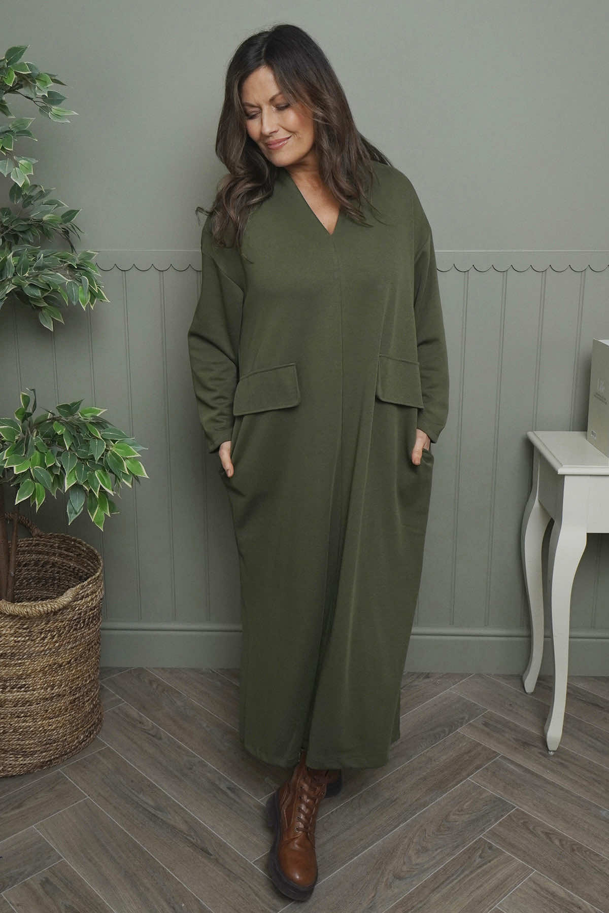 Clarissa V-Neck Cotton Dress Khaki