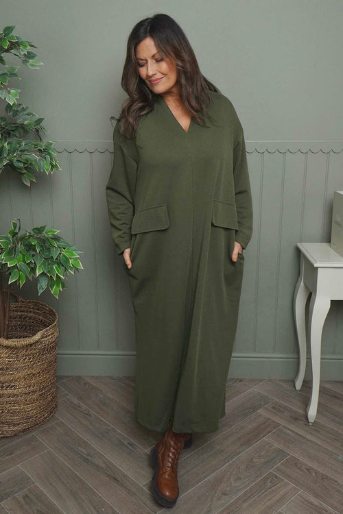 Clarissa V-Neck Cotton Dress Khaki - Image 2