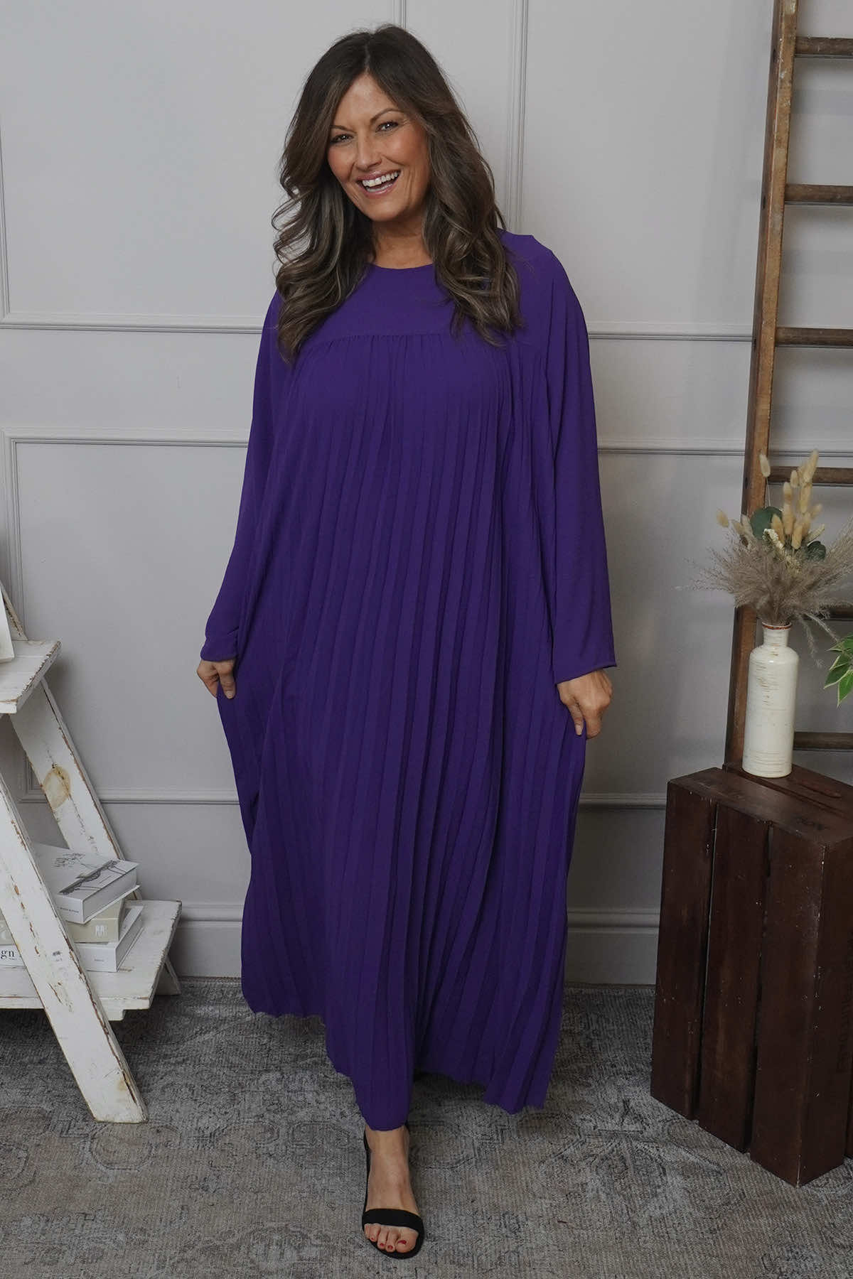 Renata Long Sleeve Pleated Dress Purple