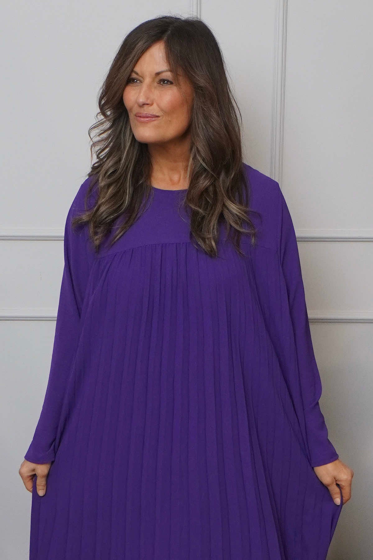 Renata Long Sleeve Pleated Dress Purple