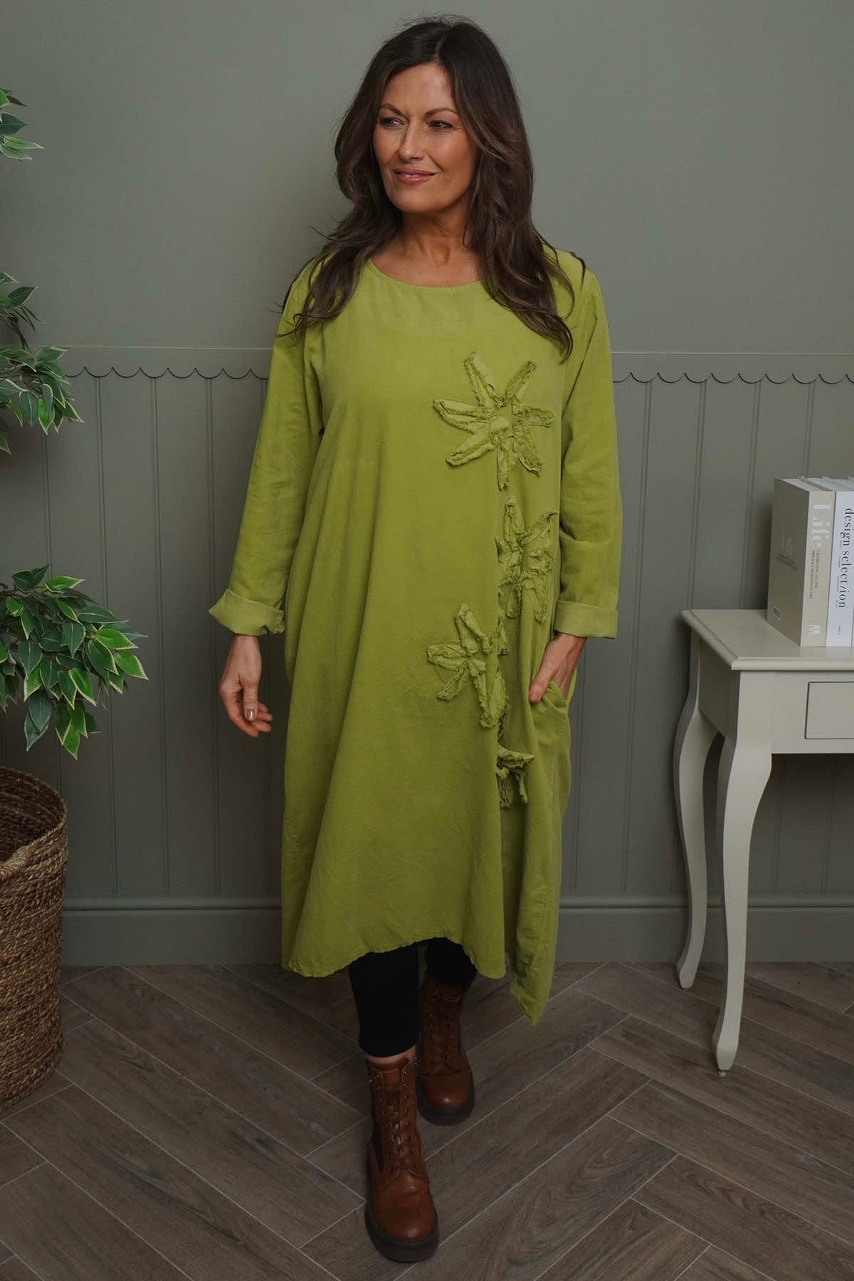 Florina Flower Patch Needlecord Dress Green