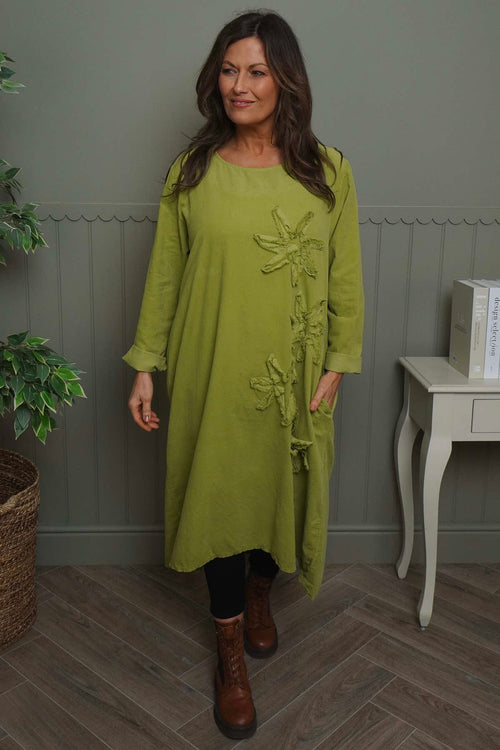 Florina Flower Patch Needlecord Dress Green - Image 1