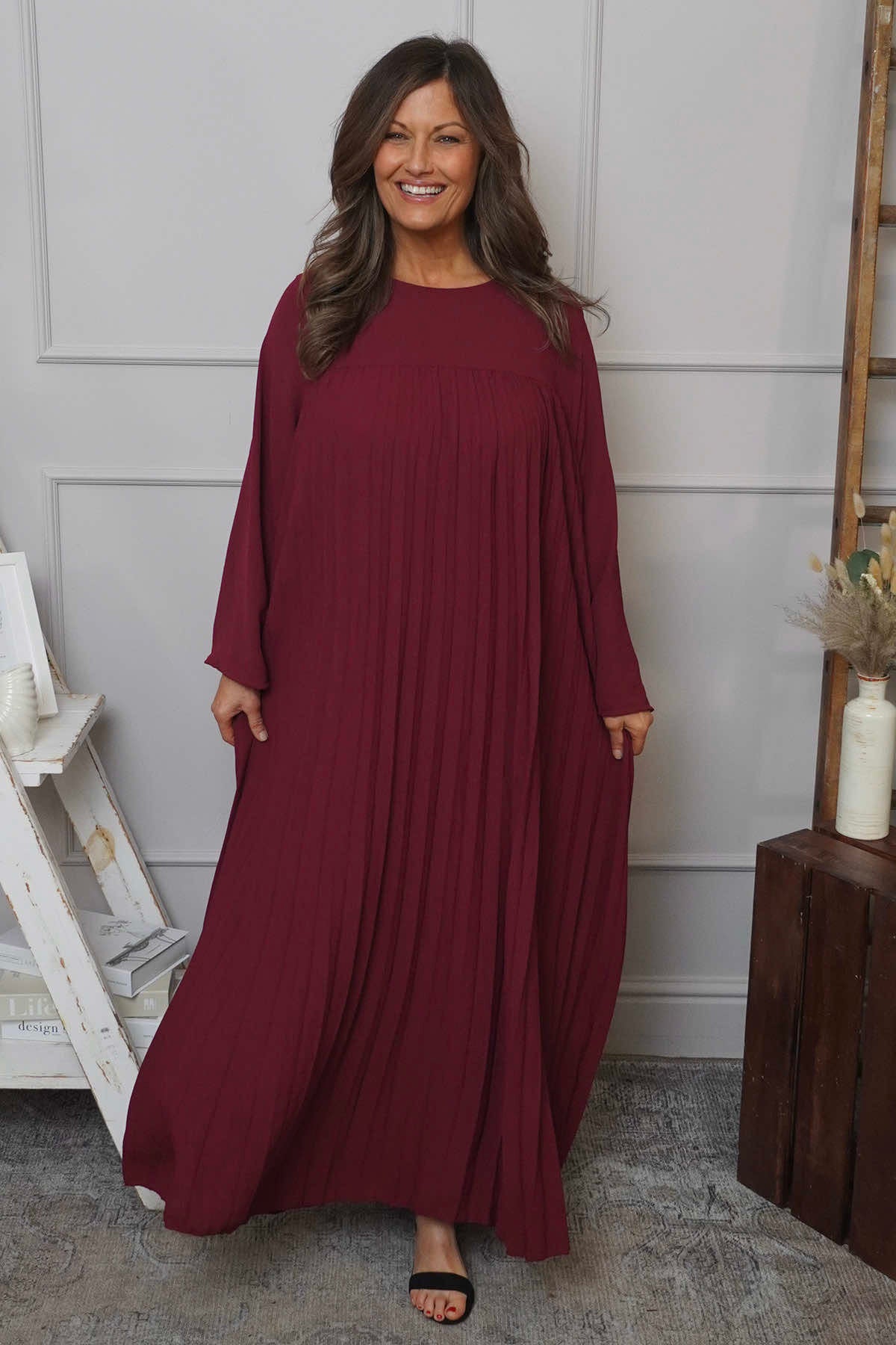 Renata Long Sleeve Pleated Dress Wine