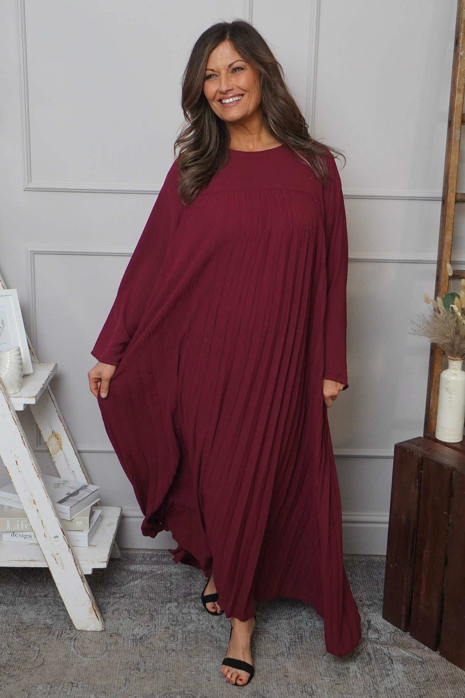 Renata Long Sleeve Pleated Dress Wine