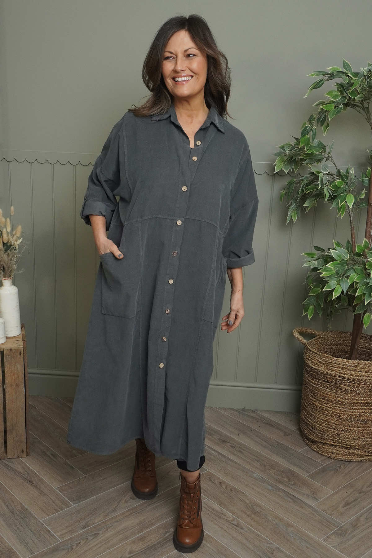 Lecia Needlecord Shirt Dress Charcoal