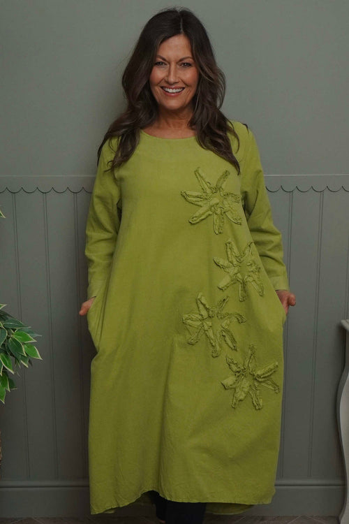 Florina Flower Patch Needlecord Dress Green - Image 2