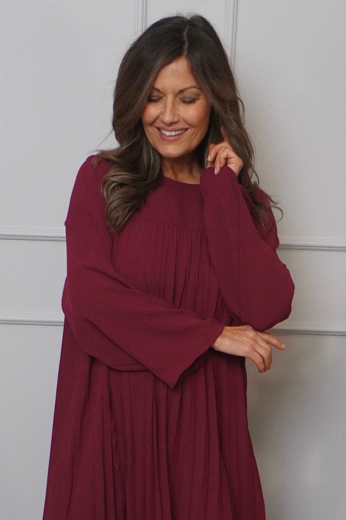 Renata Long Sleeve Pleated Dress Wine