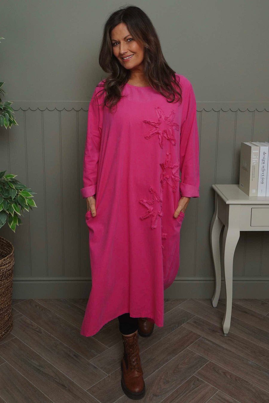 Florina Flower Patch Needlecord Dress Fuchsia