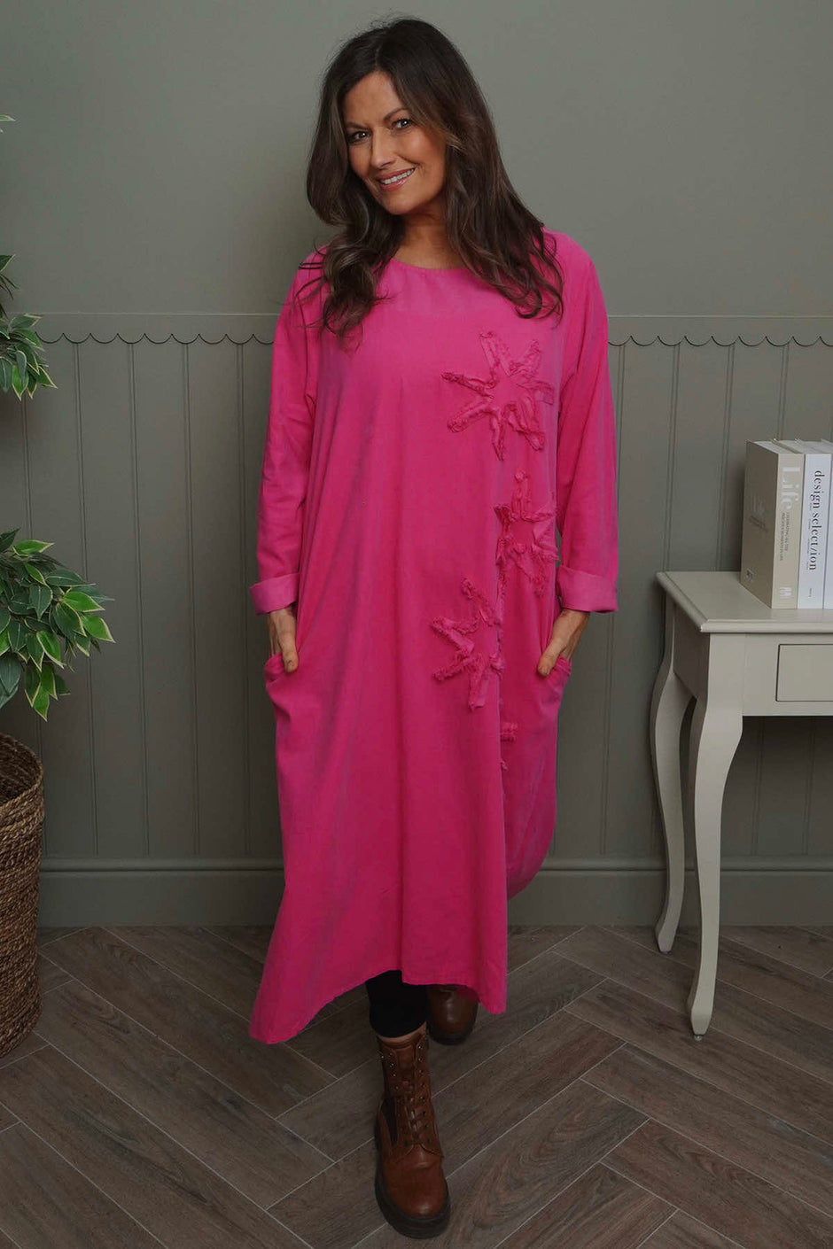 Florina Flower Patch Needlecord Dress Fuchsia