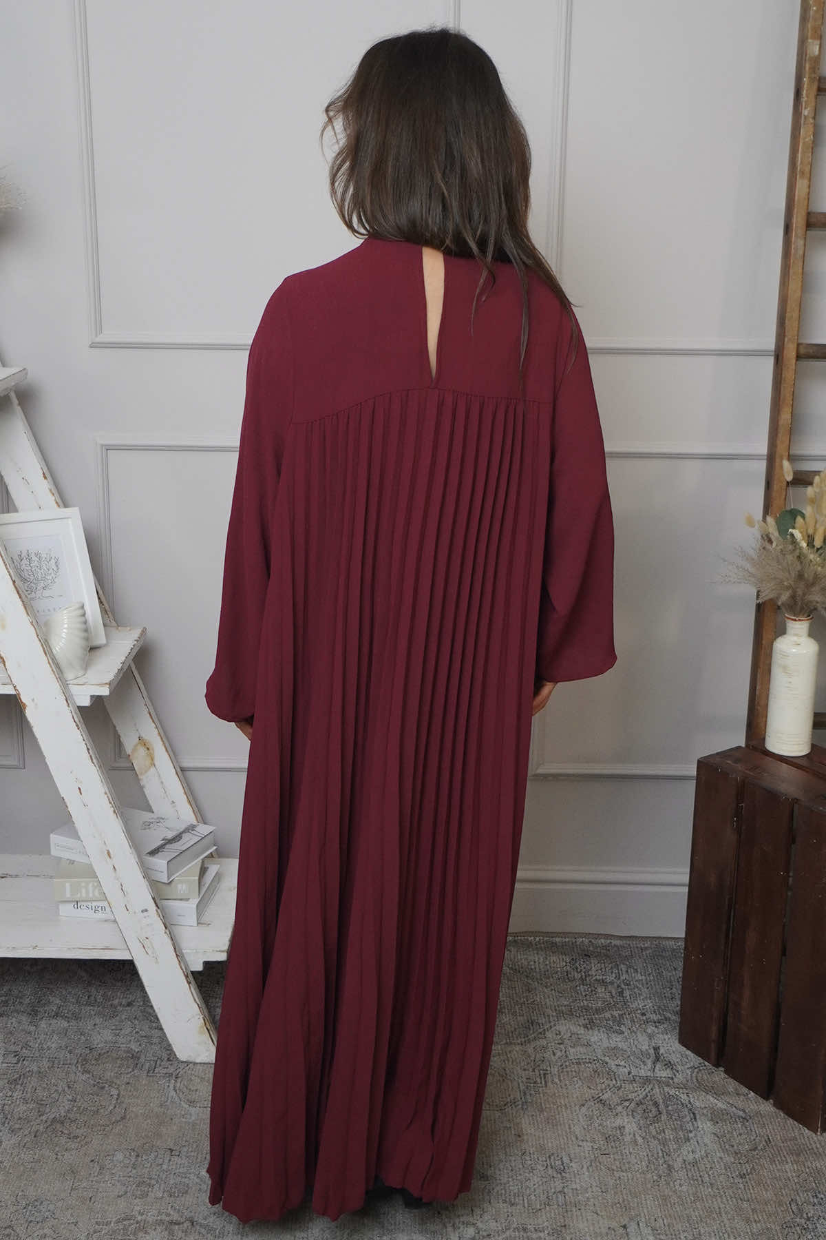 Renata Long Sleeve Pleated Dress Wine