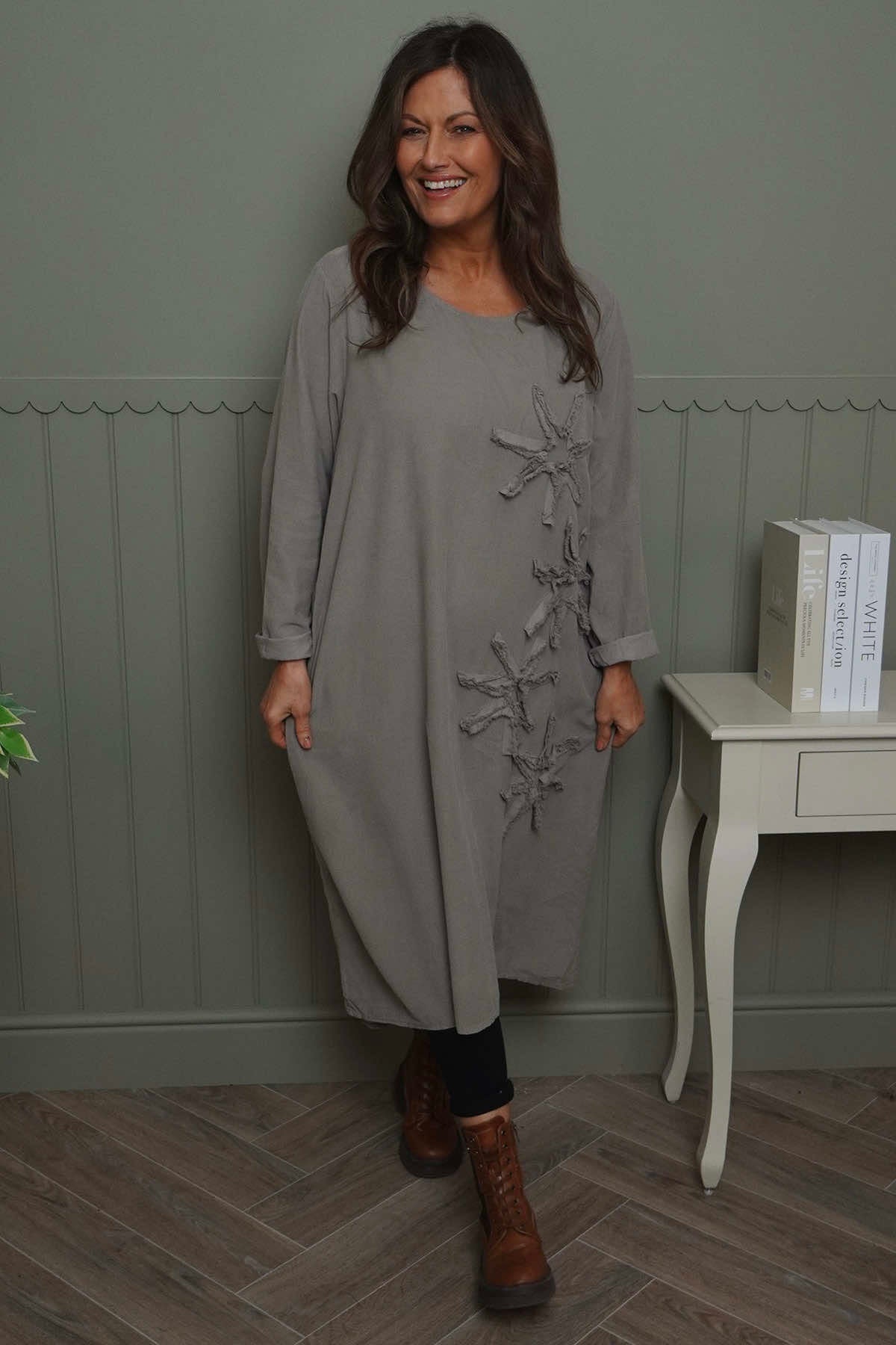 Florina Flower Patch Needlecord Dress Mocha