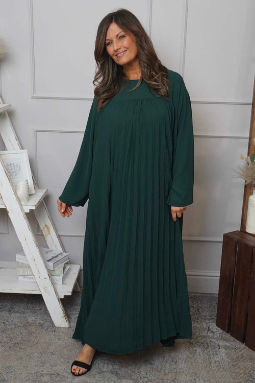 Renata Long Sleeve Pleated Dress Bottle Green