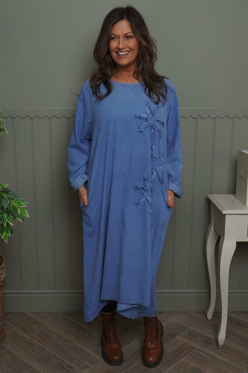 Florina Flower Patch Needlecord Dress Blue