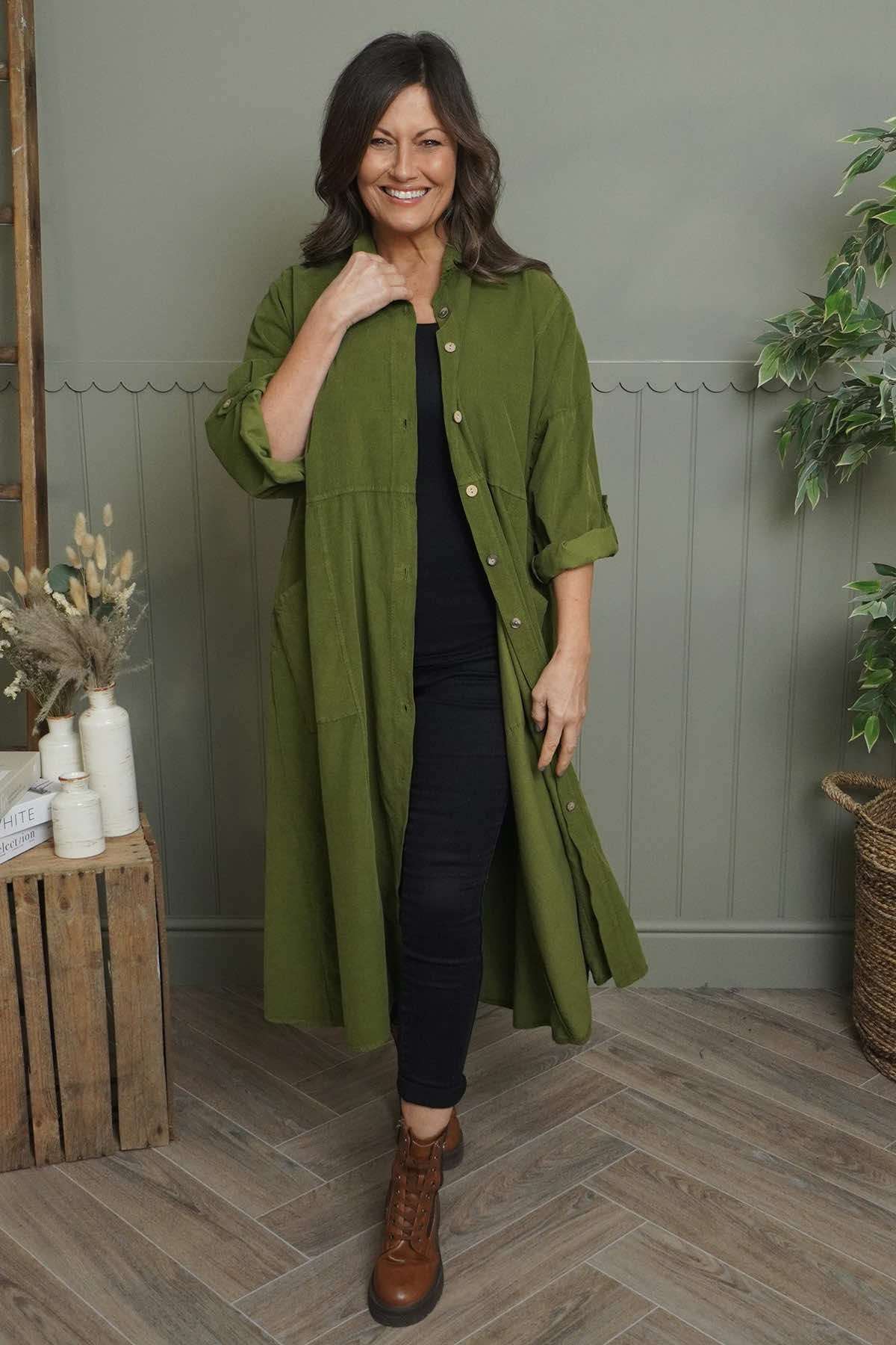 Lecia Needlecord Shirt Dress Olive