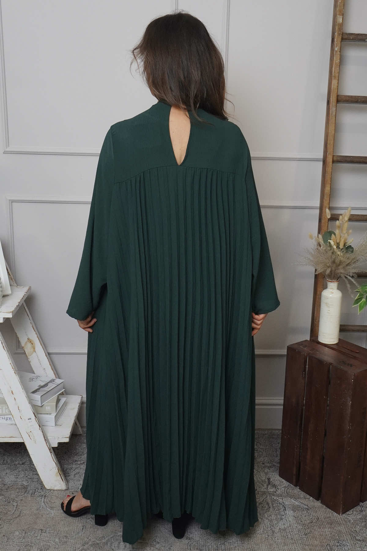 Renata Long Sleeve Pleated Dress Bottle Green