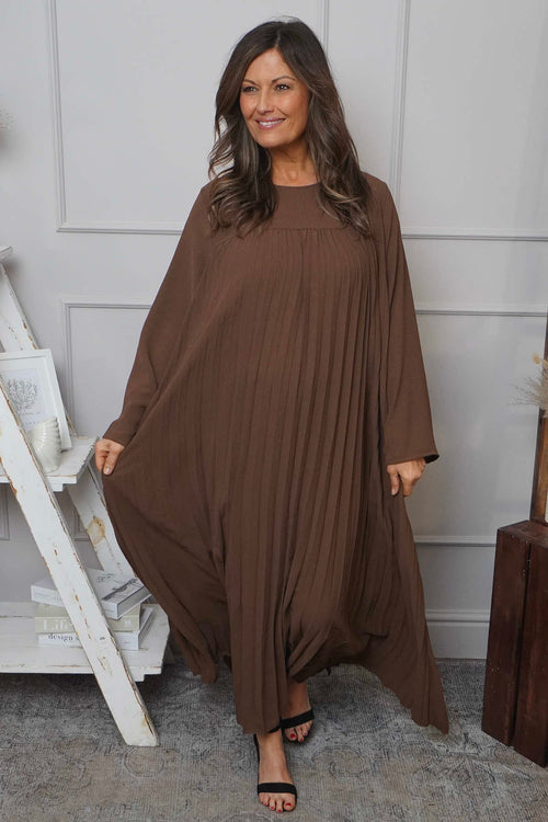 Renata Long Sleeve Pleated Dress Cocoa - Image 3