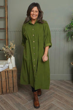 Lecia Needlecord Shirt Dress Olive Olive - Lecia Needlecord Shirt Dress Olive