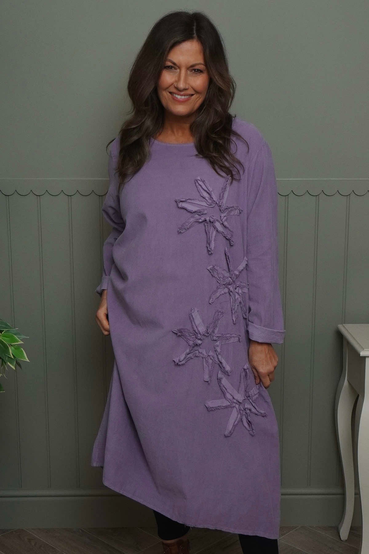 Florina Flower Patch Needlecord Dress Purple