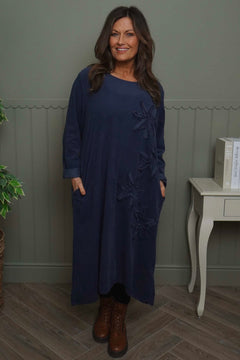 Florina Flower Patch Needlecord Dress Navy