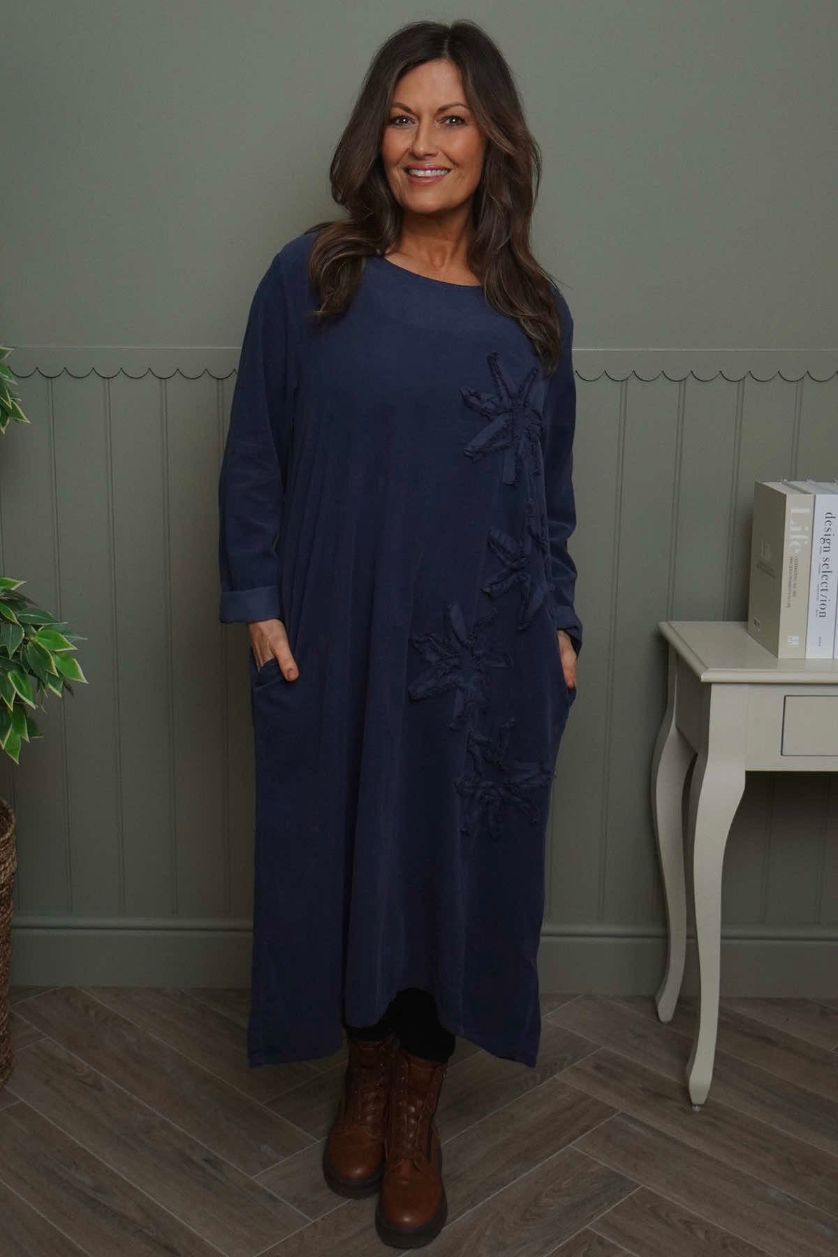 Florina Flower Patch Needlecord Dress Navy