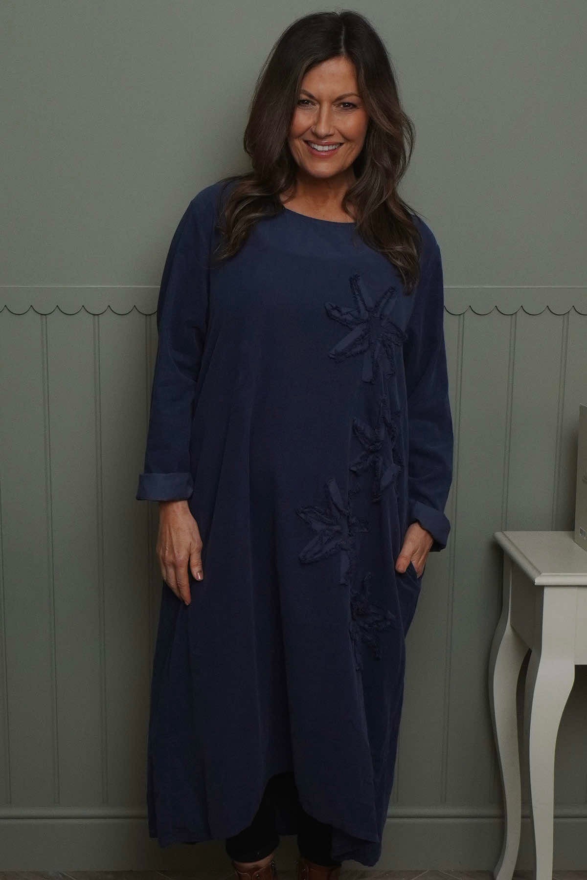 Florina Flower Patch Needlecord Dress Navy