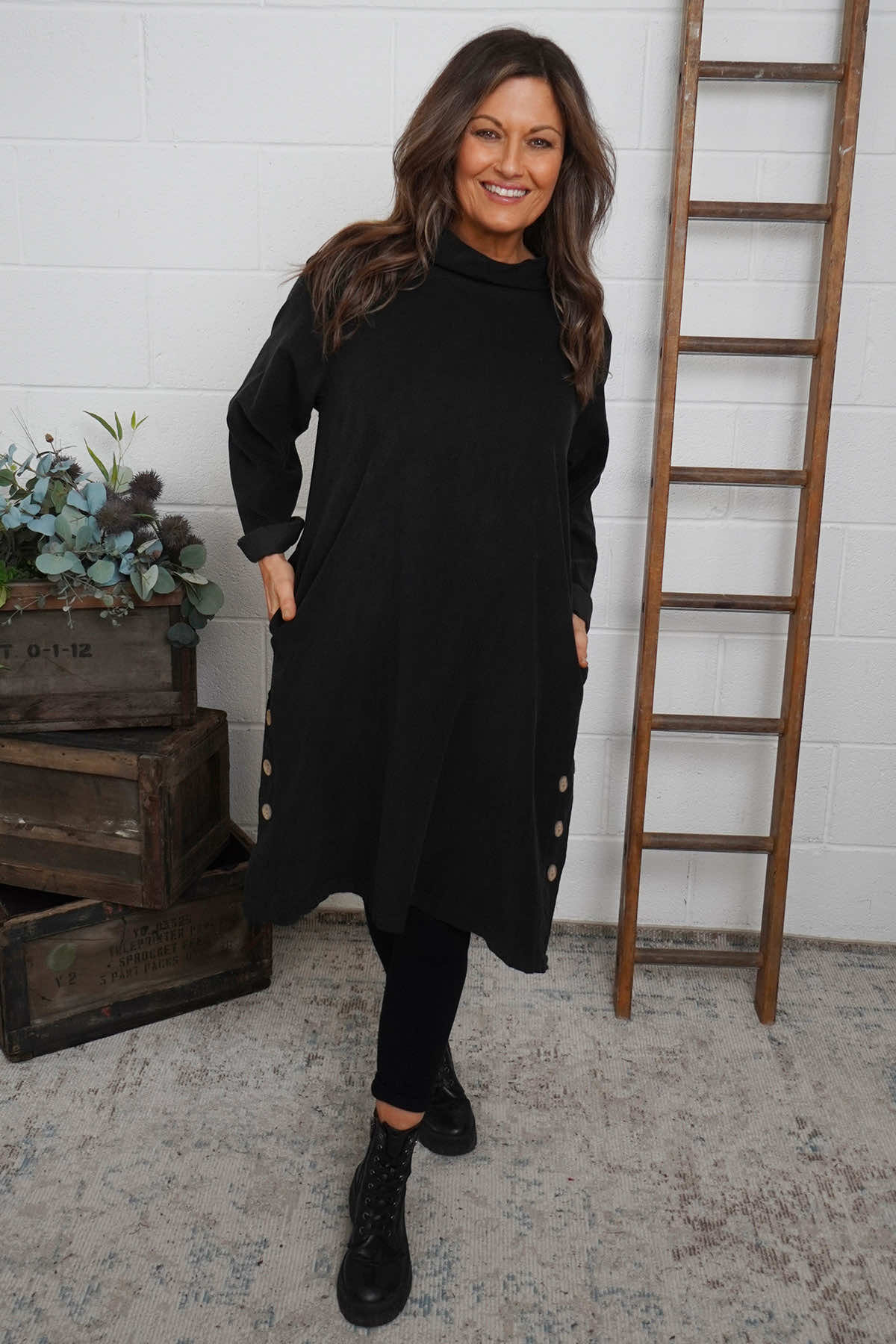 Izzy Button Detail Needlecord Dress Black