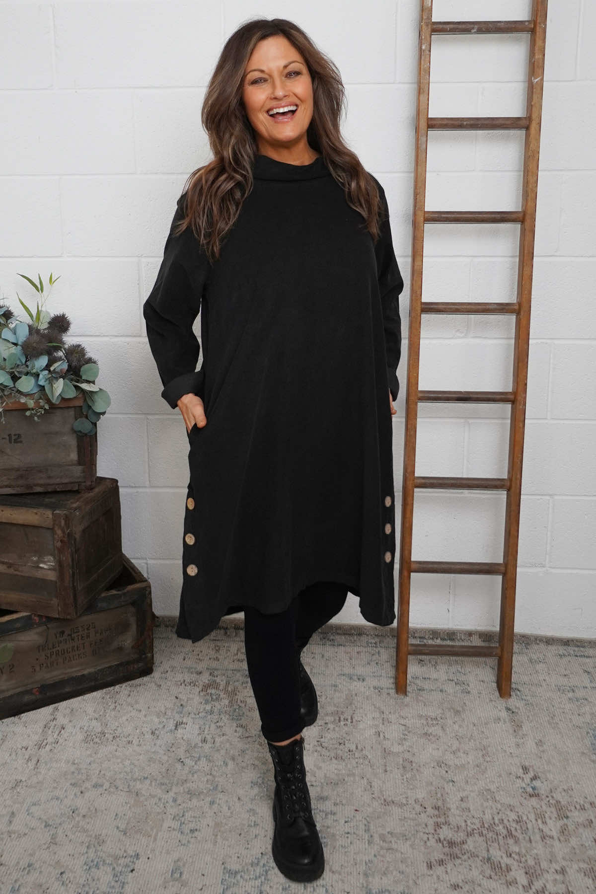 Izzy Button Detail Needlecord Dress Black