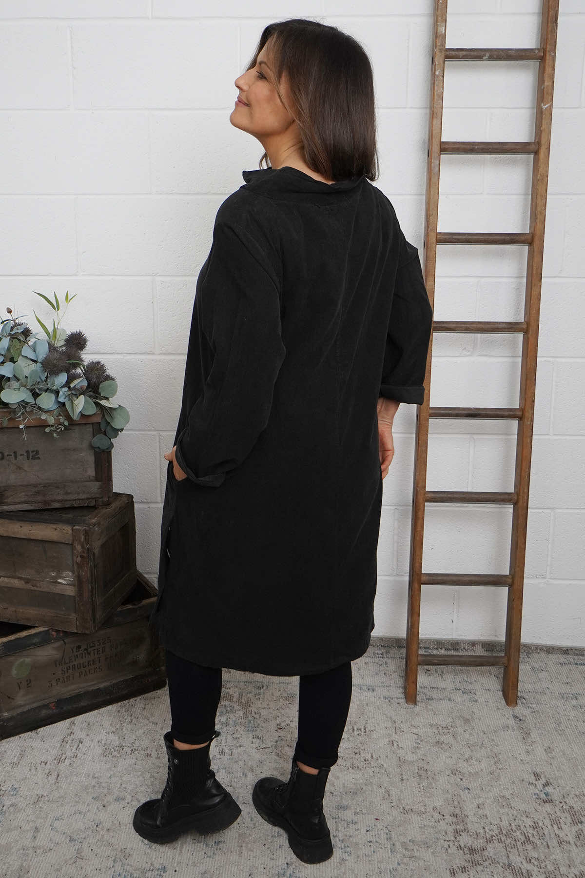 Izzy Button Detail Needlecord Dress Black