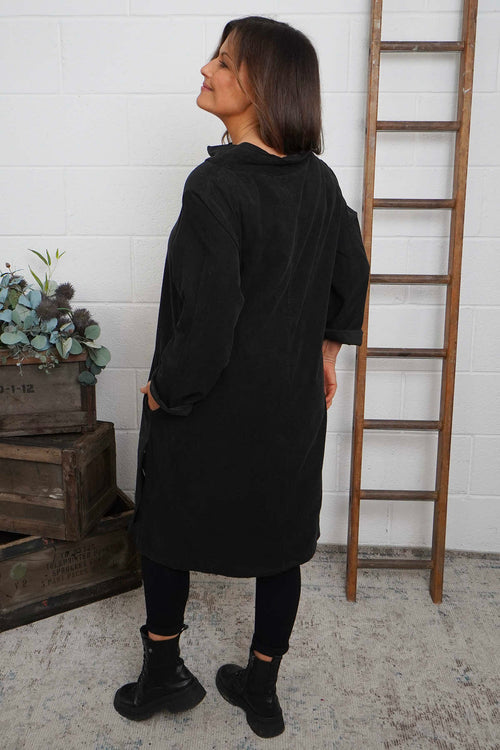 Izzy Button Detail Needlecord Dress Black - Image 4